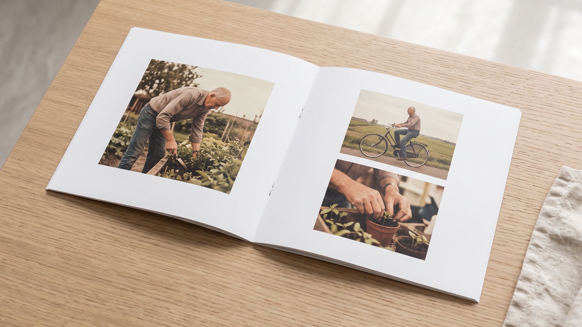 Opengeslagen gedenkboekje met foto's op een houten tafel
