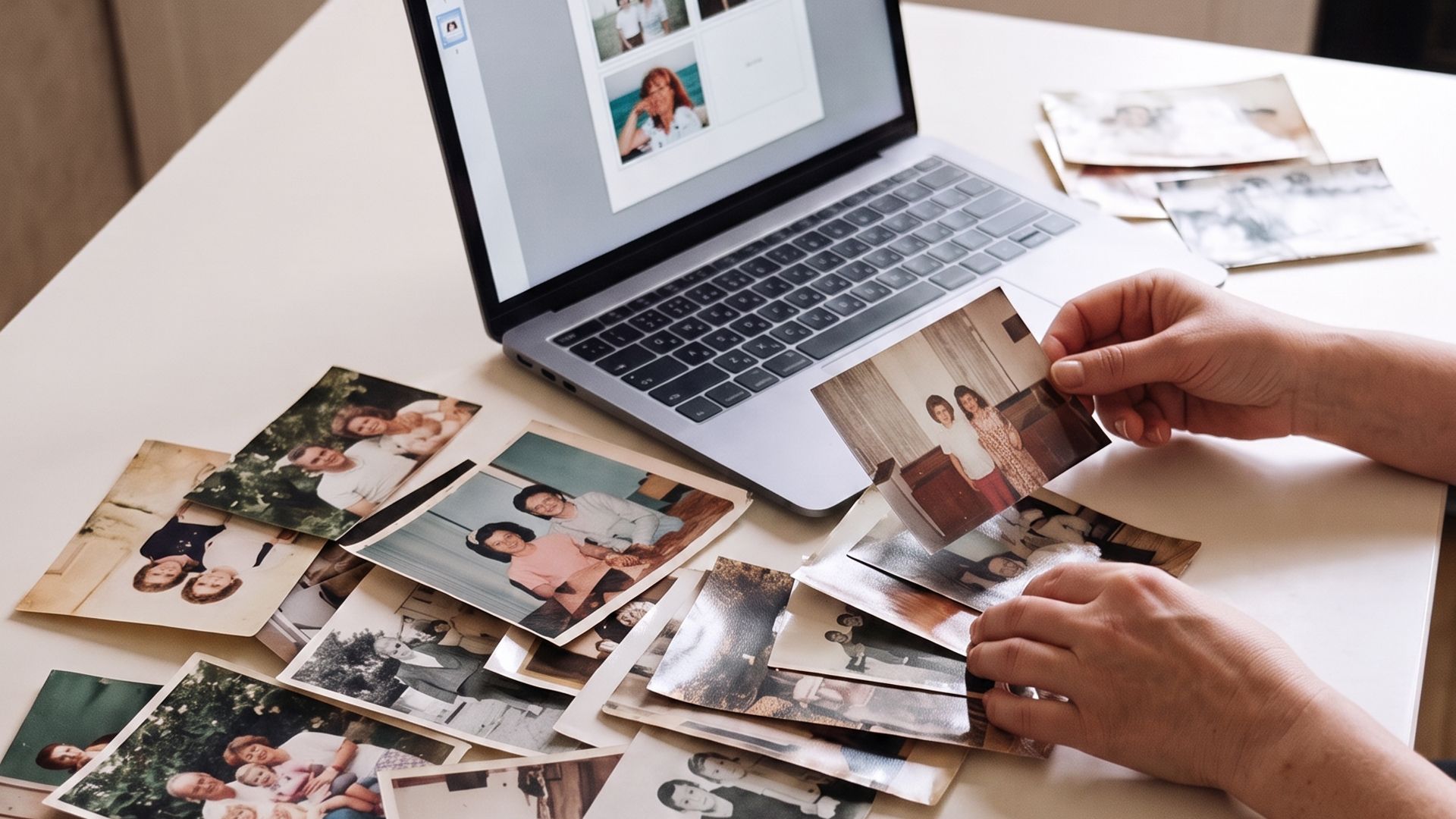 Oude familiefoto's op tafel naast een laptop met de editor