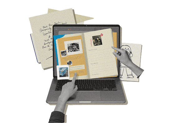 Illustratie: laptop toont een gedenkboekje met foto's, tekst en tekening