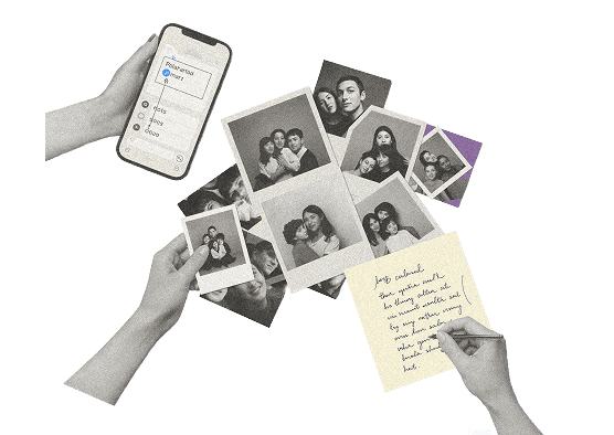 Illustratie: telefoon met deellink, familiefoto's en handgeschreven brief