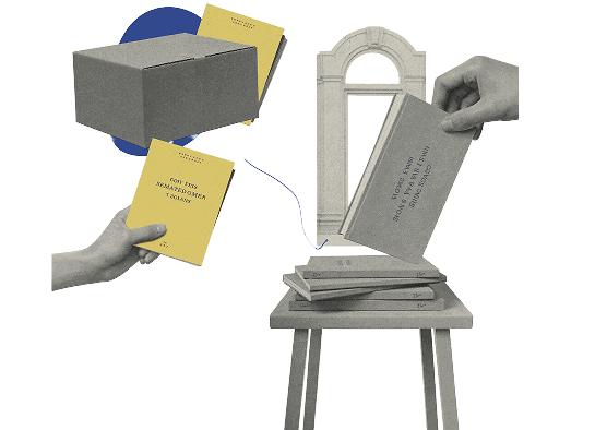 Illustratie: doos en stapel gedrukte boekjes worden overhandigd