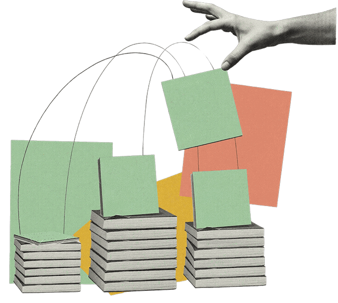 Illustratie: hand legt gekleurde kaarten op stapels boekjes