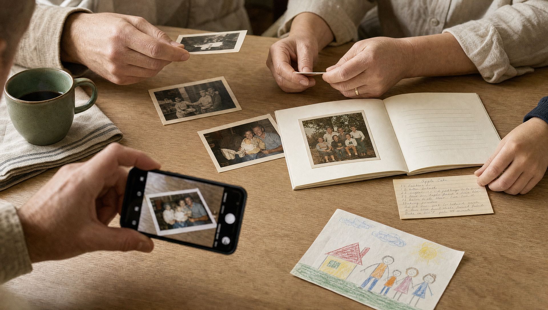 Familie verzamelt oude foto's, een tekening en aantekeningen rond een tafel