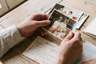 Handen houden oude familiefoto's vast boven een handgeschreven recept