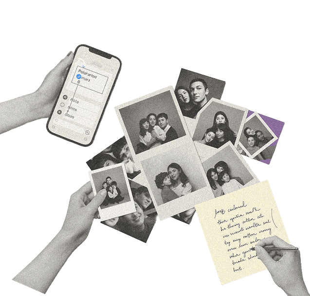 Illustratie: telefoon met deellink, familiefoto's en handgeschreven brief
