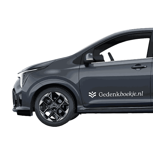 Bezorgauto met het logo van Gedenkboekje.nl op de deur
